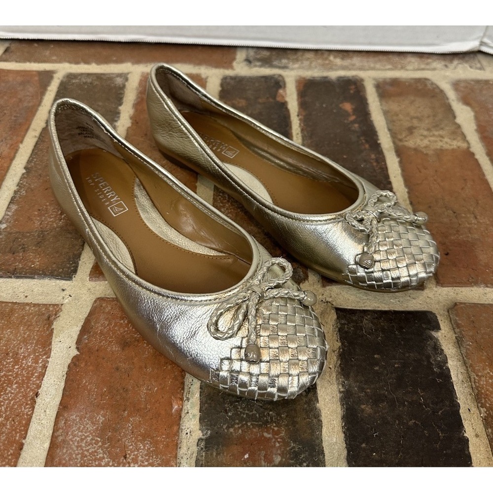 Sperry Maya Gold Metallic Leather‎ Weave Cushioned Ballet Flats Bow Women's 6.5